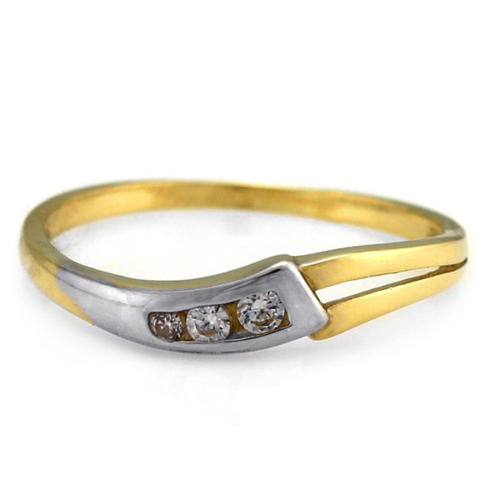 Złoty pierścionek 585 dwukolorowe złoto fala z białymi cyrkoniami na prezent