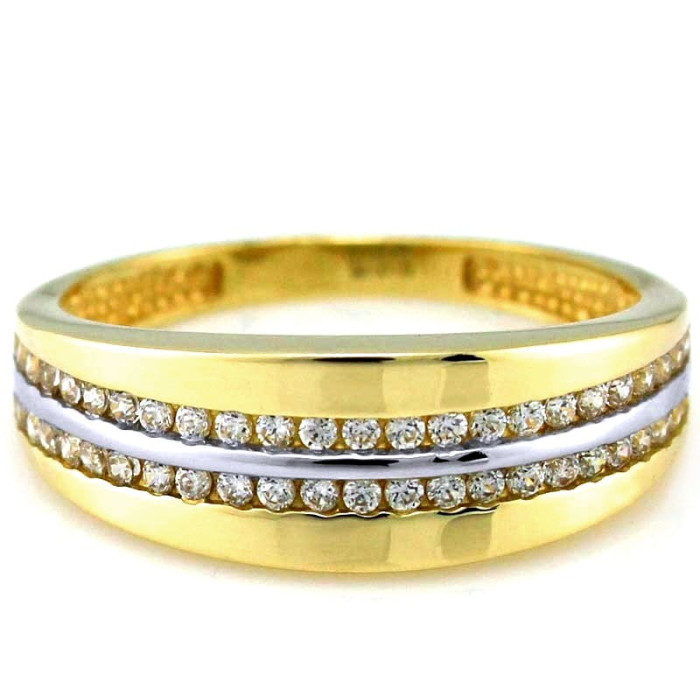 Pierścionek złoty szeroki 585 obrączkowy z białymi cyrkoniami dwa kolory złota