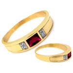 Złoty pierścionek 585 z rubinem i cyrkoniami delikatny na prezent