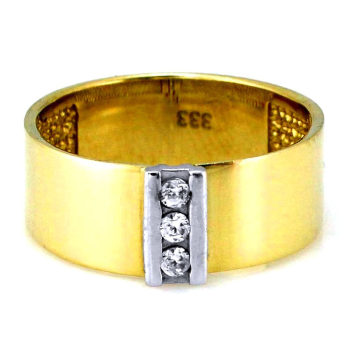 Szeroki złoty pierścionek damski 375 obrączka z cyrkoniami zdobiona białym złotem 8kt