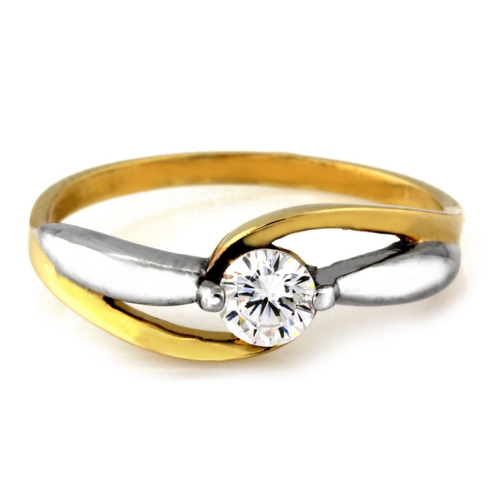 Złoty dwukolorowy pierścionek 585 z białą cyrkonią ażurowy nowoczesny wzór na prezent