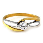 Złoty dwukolorowy pierścionek 585 z białą cyrkonią ażurowy nowoczesny wzór na prezent
