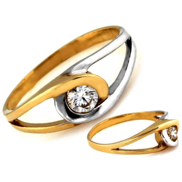 Złoty dwukolorowy pierścionek 585 z cyrkonią nowoczesny 14K