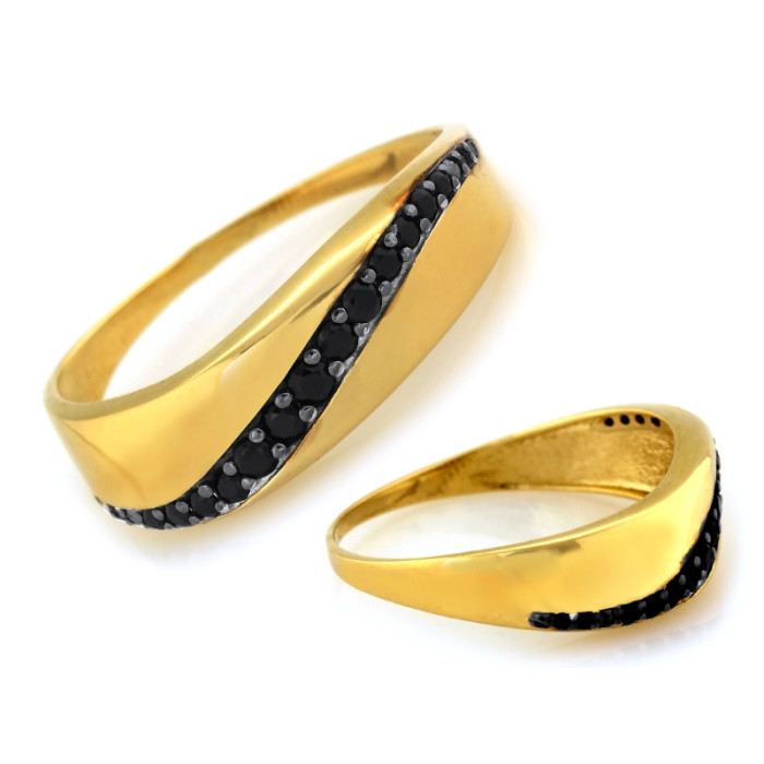 Złoty pierścionek 585 z czarnymi cyrkoniami obrączkowy na prezent