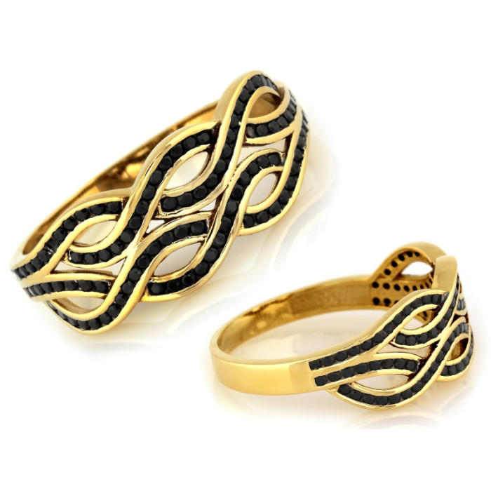 Złoty pierścionek 375 bogato zdobiony pierścionek z czarnymi cyrkoniami