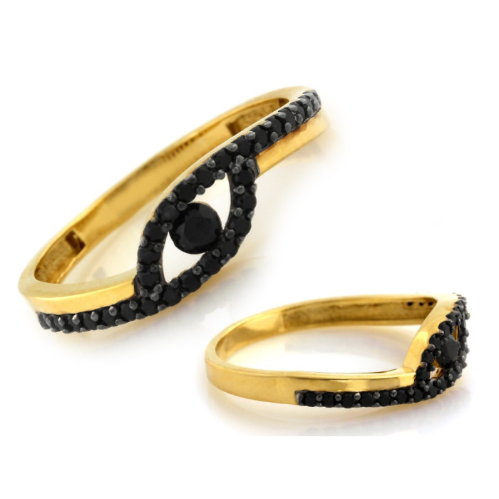Złoty pierścionek 585 z czarnymi cyrkoniami elegancki motyw oko