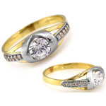 Złoty pierścionek 585 ozdobiony białymi cyrkoniami dwukolorowy na zaręczyny