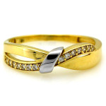 Złoty pierścionek 375 nowoczesny złoty pierścionek z cyrkoniami i białym zdobieniem
