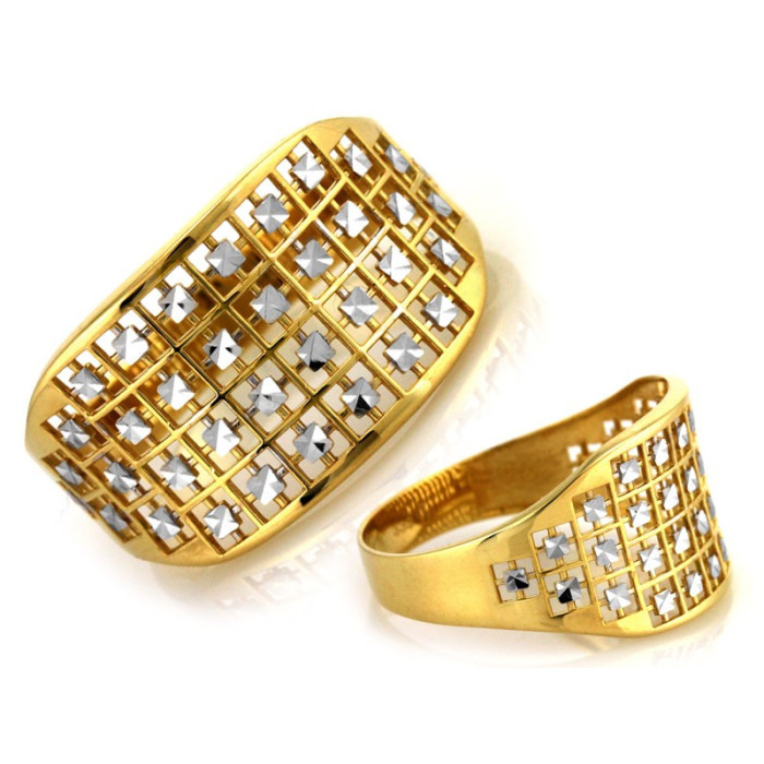 Złoty pierścionek 375 modny dwukolorowy ażurowy wzór
