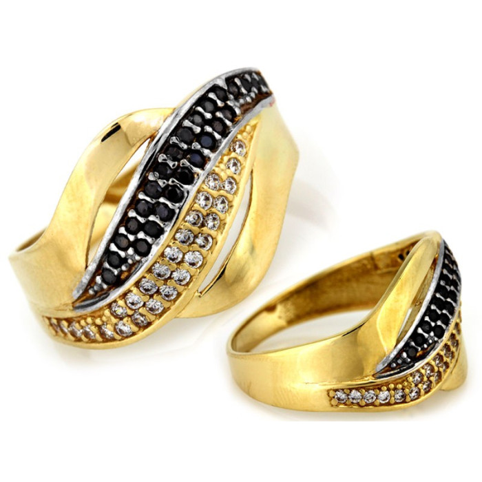 Złoty pierścionek 585 szeroki gruby z czarnymi cyrkoniami