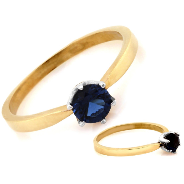 Złoty pierścionek 375 z niebieskim topazem London Blue