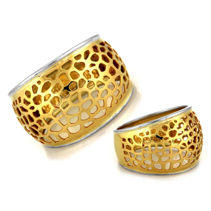 Szeroki pierścionek złoto 375 dwukolorowy ażurowy