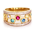 Złoty pierścionek 585 szeroki obrączkowy z kolorowymi cyrkoniami