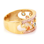 Złoty pierścionek 585 szeroki obrączkowy z kolorowymi cyrkoniami