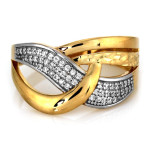 Efektowny pierścionek z dwukolorowego złota 585 przeplatany z cyrkoniami