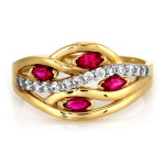 Złoty pierścionek 585 dwukolorowy ozdobiony czerwonymi cyrkoniami