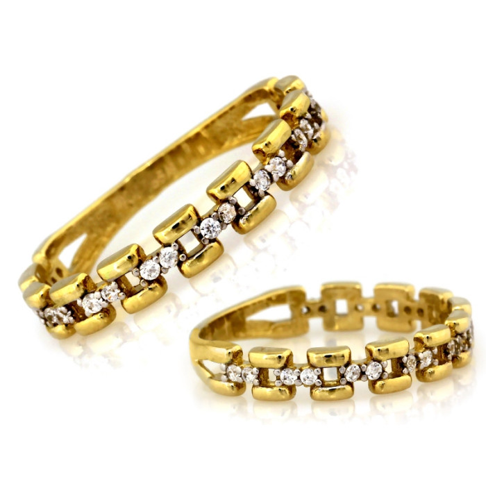 Złoty pierścionek 585 obrączkowy ażurowy dwukolorowy z cyrkoniami