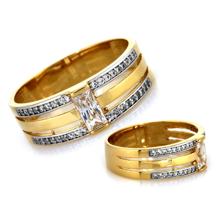 Złota pierścionek obrączka z cyrkoniami dwa kolory złota