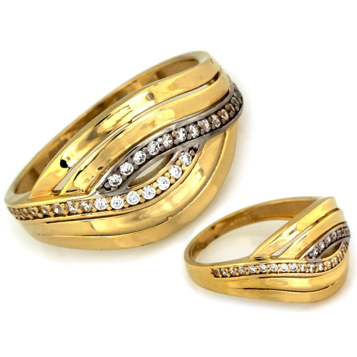 Złoty pierścionek 585 szeroki wycinany z cyrkoniami stylowy