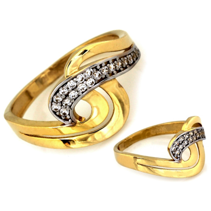 Złoty pierścionek 585 dwukolorowy zdobiony cyrkoniami
