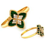 Złoty pierścionek 585 modny wzór z dużym kwiatem z malachitem