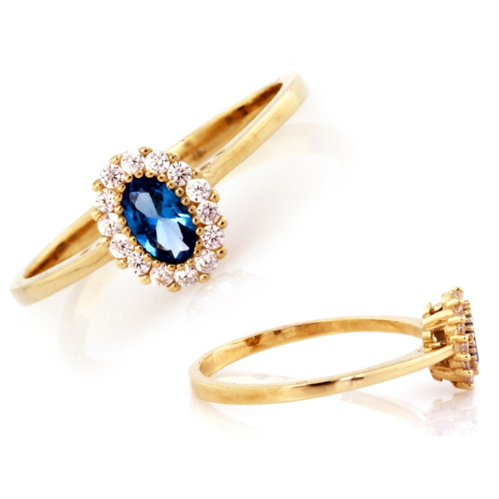 Złoty pierścionek 375 z niebieskim akwamarynem i cyrkoniami