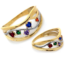 Złoty pierścionek ażurowy z kolorowymi cyrkoniami 