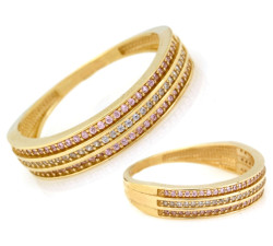 Złoty pierścionek 585 obrączkowy z cyrkoniami w odcieniu różu