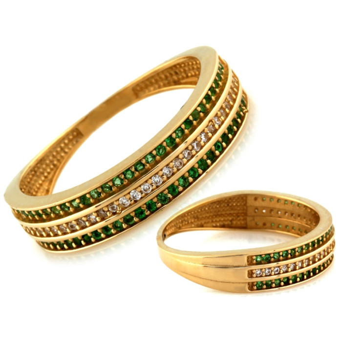 Złoty pierścionek 585 trzy rzędy cyrkonii białe i zielone