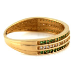 Złoty pierścionek 585 trzy rzędy cyrkonii białe i zielone