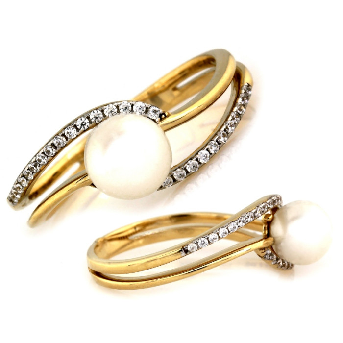 Złoty pierścionek 585 elegancki z dużą perłą i cyrkoniami