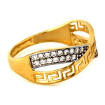 Złoty pierścionek 585 przeplatany z wzorem greckim z cyrkoniami