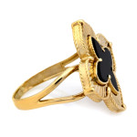 Złoty pierścień 585 duży kwiat z czarnym kamieniem frezowany
