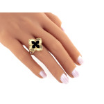 Duży złoty pierścień 585 błyszczący kwiat z czarnym kamieniem