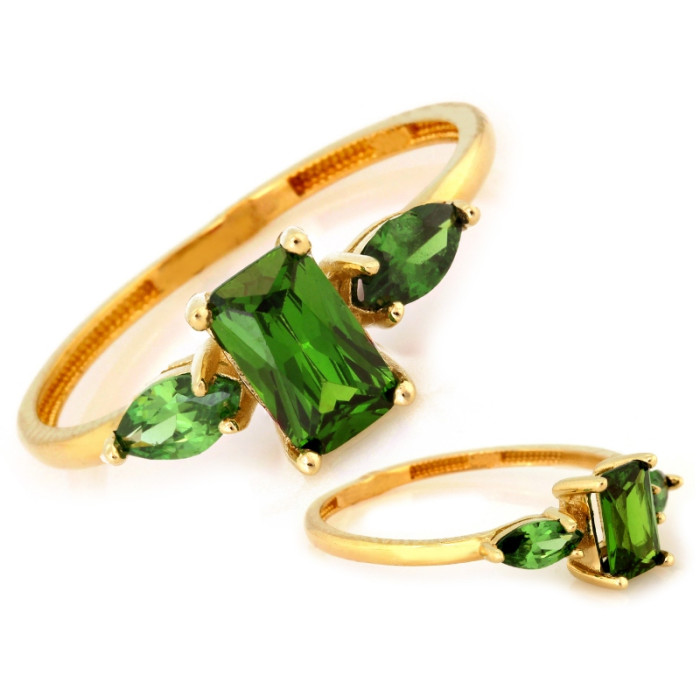 Złoty pierścionek 585 subtelny zielonymi kamieniami na prezent