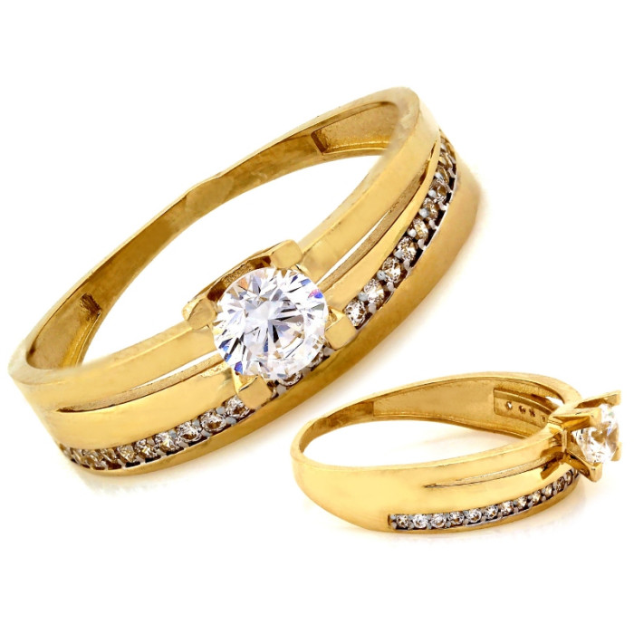 Złoty pierścionek 585 podwójny z cyrkoniami zaręczynowy elegancki z kamieniem