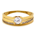 Złoty pierścionek 585 podwójny z cyrkoniami zaręczynowy elegancki z kamieniem