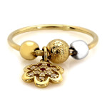 Złoty pierścionek 585 z kulkami i wiszącym kwiatkiem