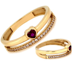 Złoty pierścionek 375 podwójny z czerwonym sercem na prezent