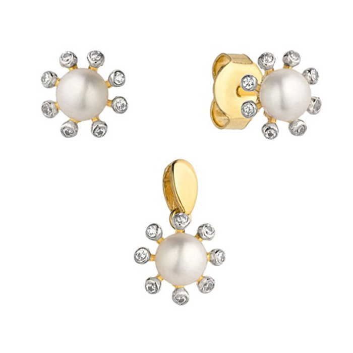 Złoty komplet biżuterii 585 perły i cyrkonie 1,9g