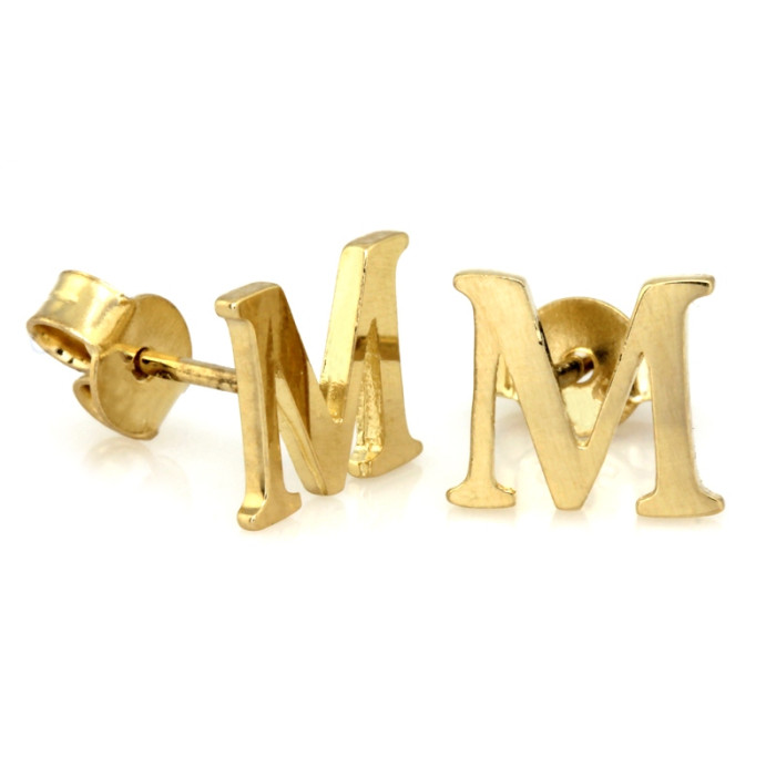 Kolczyki złote 585 nowoczesne oryginalne na sztyfcie literka M