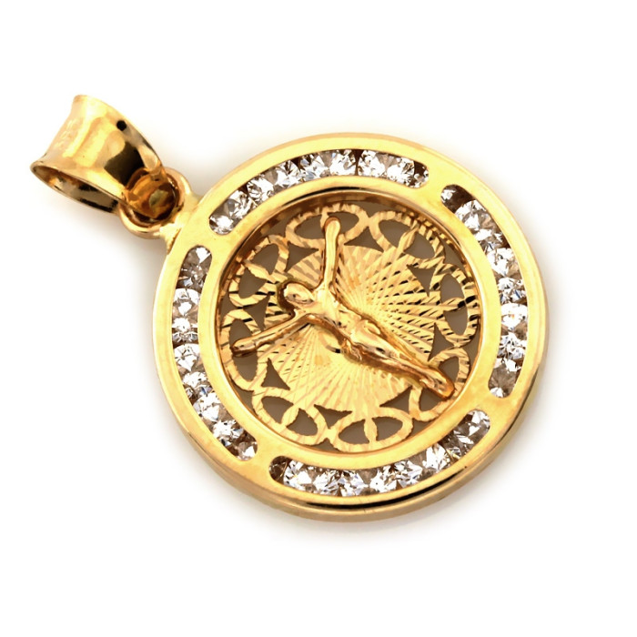 Medalik złoty okrągły 585 z cyrkoniami Jezus Ukrzyżowany na Komunię Św.
