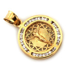 Medalik złoty okrągły 585 z cyrkoniami Jezus Ukrzyżowany na Komunię Św.