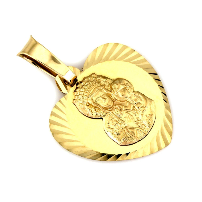 Złoty medalik w kształcie serca frezowany z Matką Boską