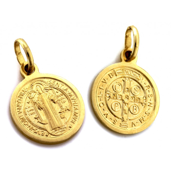 Złoty medalik 585 dwustronny krzyż św. Benedykta bez kamieni