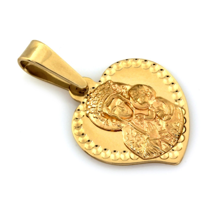 Złoty medalik delikatna zawieszka 585 w kształcie serca z Matką Boską Częstochowską