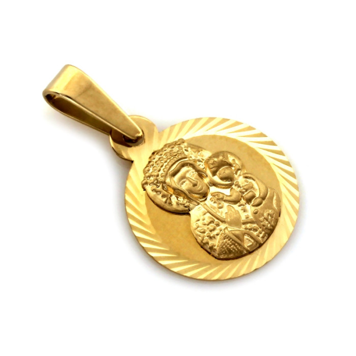 Delikatny złoty medalik okrągły frezowany w próbie 585 Matka Boska Częstchowska
