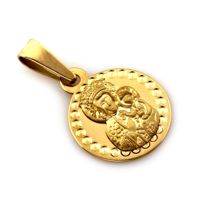 Złota zawieszka 333 medalik okrągły z Matką Boską idealny na komunię