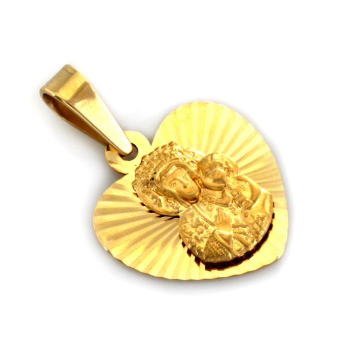 Złoty medalik 585 serce z Matką Boską Częstochowską