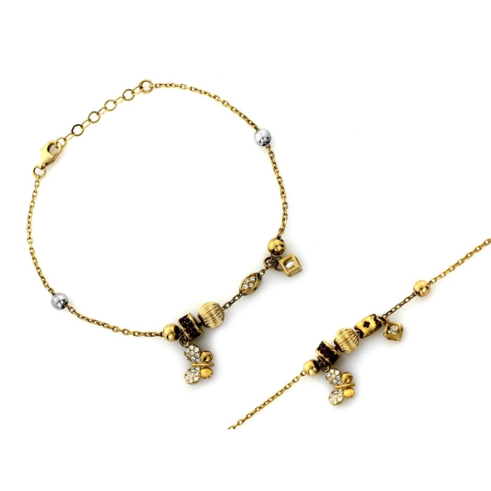 Złota bransoletka 585 modna z wiszącym motylkiem kulkami i cyrkoniami